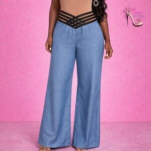 Stylish Blue Wide-Leg Pants with Black Waistband